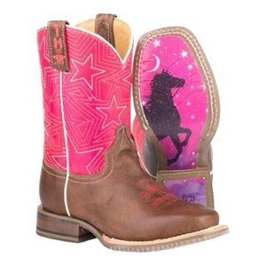 Tin Haul Girls Puffy Stars Pink and Brown Unicorn Western Cowgirl Boots Size 5